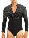 TTAO Herren Latein Hemd V-Ausschnitt Glitzer Body Einteiler mit Knöpfen im Schritt Trikot Tanz Kostüm Salsa Samba Chacha Moderne Tanz Shirts Schwarz M