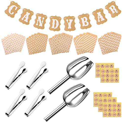 Candy Bar Zubehör, 4 Stücke Zuckerzange 2 Stücke Eisschaufel 50 Stück Candy Bar Tüten 5 Aufkleber und Candybar Girlanden, Candy Bar Deko, Candy Bar Komplett Set für Hochzeit Geburtstage Party Büfett