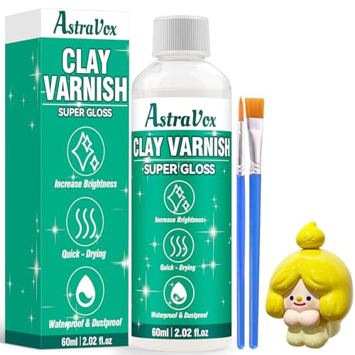 AstraVox 60 ml Glasur für Ton Lufttrocknend mit 2 Pinseln, Air Dry Clay Glaze zur Vermeidung von Rissen und Vergilbung, Glasur für Modelliermasse Lufttrocknend, Hochglänzender & Wasserdicht