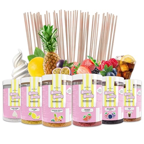 Belissia 6x250g Zuckerwatte Zucker Partyset inkl. 100 Zuckerwatte Stäbe | Intensiver Aromazucker für jede Zuckerwattemaschine | Geeignet für Dessert, Popcorn, Kratzeis, Slush, Cocktails uvm.