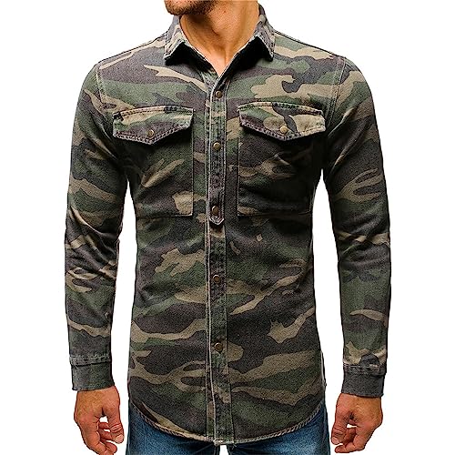 Rrongwn Jeans Hemden Für Herren Denim Camouflage Hemd Lang Vintage Hemd Langarm Outdoor-Bergsteigen Arbeitshemd Metalldruckknopf Hemd Ooutdoorwear