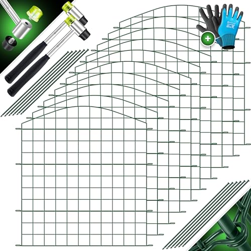 KESSER® Teichzaun Gartenzaun Steckzaun Komplettset Metall 10x Oberbogen Rund Inkl. Handschuhe, 2x Hammer + 12 Befestigungsstäben, Zaun zum stecken für Garten, Gitterzaun Set Freigehege für Tiere