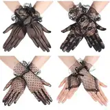 LLOUSSAK Spitzen Handschuhe, 4 Paar Netzhandschuhe Spitzen Schwarze kurze Damen Handschuhe mit Schleife für Hochzeitsessen 1980 Party Kostüme Maskerade Zubehör