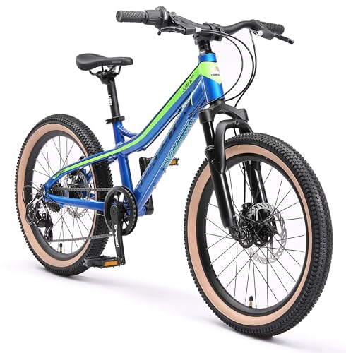 BIKESTAR Alu Mountainbike Jugendfahrrad 20 Zoll ab 6-9 Jahre Hardtail | 7 Gang Shimano Schaltung, Scheibenbremse, Federgabel | Kinder Fahrrad Blau Grün | Risikofrei Testen