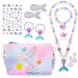 Meerjungfrau Handtasche Schmuck Set für Mädchen, Mermaid Geldbörse Prinzessin Halskette Ringe Armbänder Ohrring Haarspange für Meerjungfrau Dress Up Schmuck Geburtstagsgeschenke Geschenke Spielzeug