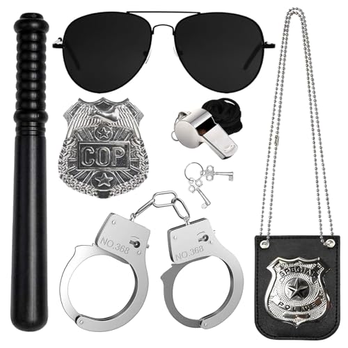 SHOWHEEL Polizei Kostüm Kinder, 6 Polizei Kostüm Zubehör Set, Polizei Handschellen Polizist Abzeichen Sonnenbrille Schlagstock Detective Cop Swat FBI Kostüm Halloween Party Rollenspiel Cosplay