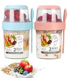 SinLaw 2 Stück MüSlibecher to go,Jogurtbecher für Unterwegs mit löffel,Joghurt to Go Becher,Doppelschicht Auslaufsicherer Joghurtbecher,Salatbecher (Pink+Blue（310ml+560ml)