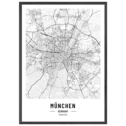 JUNOMI® München Poster XL Schwarz Weiss, DIN A2 Wohnzimmer Deko, Modernes Wandbild, München Bild, Wandbild ohne Rahmen, Stadtplan Poster München, perfekte Geschenkidee für Münchener