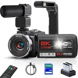Videokamera 8K Camcorder 64MP WiFi Vlogging Kamera mit IR Nachtsicht für YouTube, 3-Zoll-Touchscreen, 18X Digitalzoom Webcam Camera mit Mikrofon,Stabilisator,Fernbedienung, 64GB SD Karte und Batterien