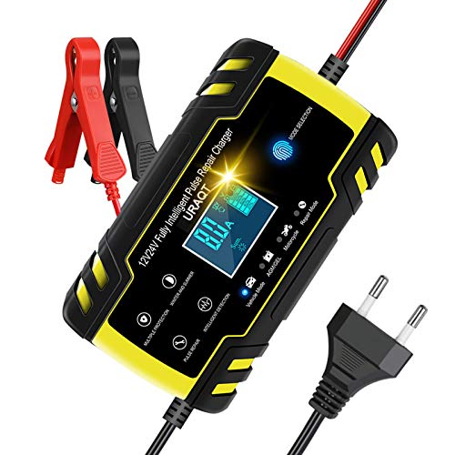 URAQT 12V/24V Autobatterie Ladegerät, KFZ Batterieladegerät Vollautomatisches mit LCD-Bildschirm, Intelligentes Erhaltungsladegerät für Auto, Motorrad, Rasenmäher Boot Ladegeräte für Autobatterien