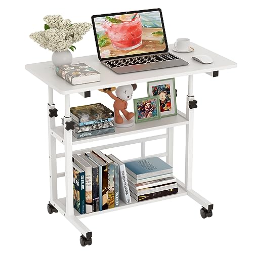 PIPIPOXER 80x40cm Computertisch mit Rollen, Schreibtisch Computertisch, Laptoptisch Höhenverstellbarer 74.5-955cm, Stehtisch Mobiler mit 4 Rollen und 2 Regal, PC Tisch Klein, Weiß