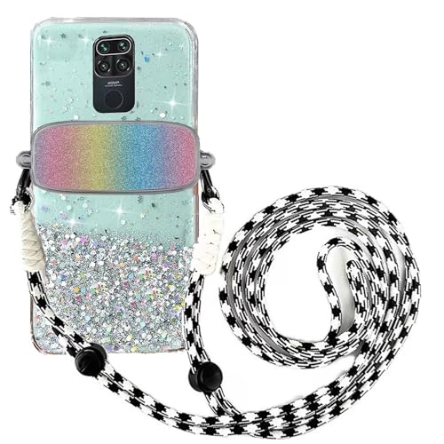 Tivenfezk Nadoli für Xiaomi Redmi Note 9 Glitzer Handykette Hülle,Silikon Bling Durchsichtig Crossbody Tasche zum Umhängen Schutzhülle mit Telefon Clip Halter Band