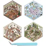 MUNSKT DIY 3D House Stickers, 4 Stück 3D Sticker Scene,Sticker Therapy,Spass DIY Aufkleber Szene(Sushi Laden,Coco Kaffee,Sensen Buch,Loft Wohnung)