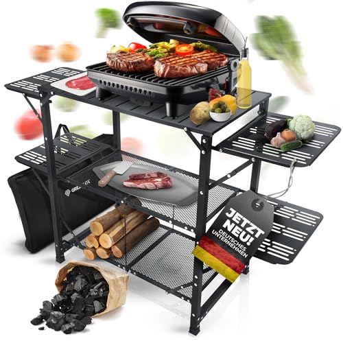 GRILLMATE Campingküche faltbar inkl. Tragetasche | Grilltisch, Beistelltisch für Camping, Garten, Balkon [50kg Belastbar] | Campingregal klappbar, wetterfest und rostresistent.