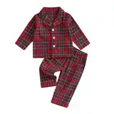 Nokiwiqis Kleinkind Baby Jungen Mädchen Kariert Weihnachten Pyjama Zweiteiliger Schlafanzug Sleepwear Langarm Knopfleiste Oberteil und Hose Pjs Set Hausanzug Nachtwäsche (Rot, 3-4 Years)