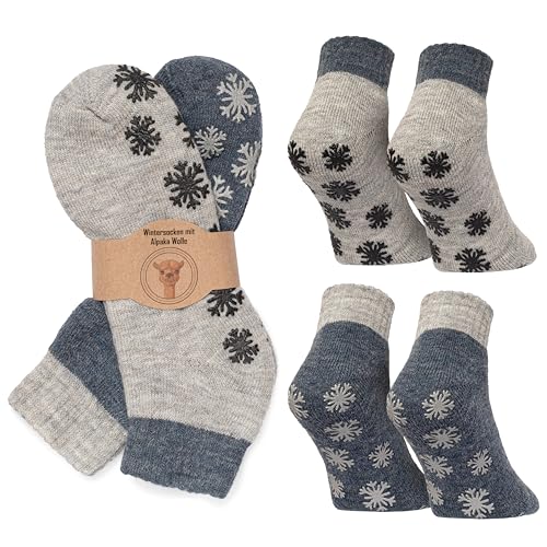 MOUNTREX Wintersocken, Anti Rutsch Alpaka Socken, Wollsocken für Damen und Herren - Warme ABS Haussocken, Dicke Antirutschsocken - 2 Paar (Grau/Jeans - mit ABS, 39-42)