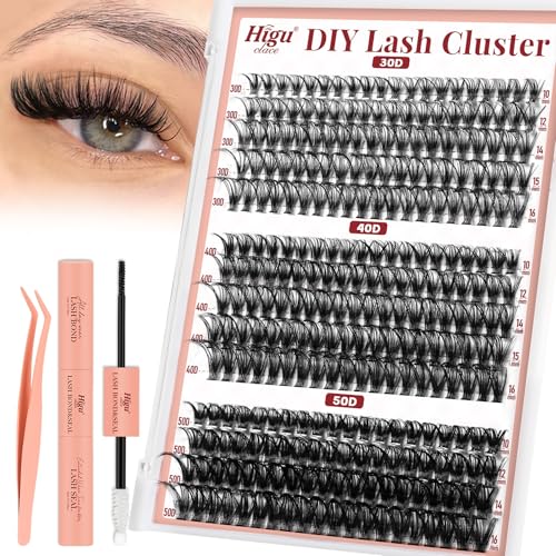 Higu clace DIY Wimpern-Extensions, 280Pcs 30D+40D+50D Wimpern-Extensions-Set, Wimpern-Extensions-Set-7-tage halt mit Applikator und Wimpernkleber und Versiegelung (30D+40D+50D Kit)