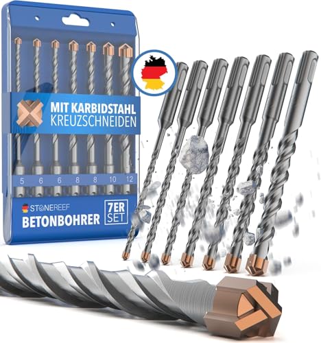 STONE REEF Betonbohrer Set Profi - [7-teilig inkl. Bohrerkassette] - SDS Plus Bohrer Set Ø 5mm, 6mm, 6mm, 8mm, 8mm, 10mm, 12mm x 156mm - Steinbohrer Set, Bohrer Set Beton, Wandbohrer, Bohrersatz