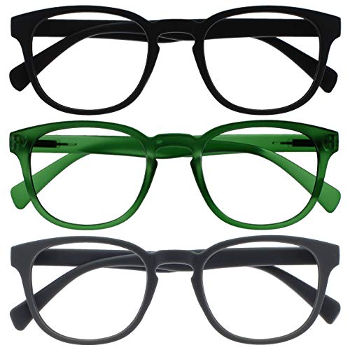 OPULIZE Pop Lesebrille 3er Pack Keck Rund Matt Rahmen Federscharniere Kratzfest Schwarz Grün Grau Herren Damen RRR2-167 +1.50