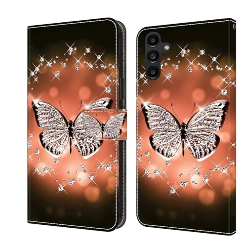 Rnrieyta Miagon Kickstand Flip PU Leder Schutzhülle für Samsung Galaxy A35 5G,Bunt Muster Hülle Brieftasche Case Cover Ständer mit Kartenfächer,Kristall Schmetterling