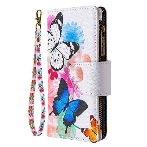 Nadoli Reißverschluss Brieftasche Etui für Samsung Galaxy A82 5G,Bunt 9 Karte Halter Pu Leder Schmetterling Blumen Entwurf Lanyard Magnetisch Standfunktion Schutzhülle