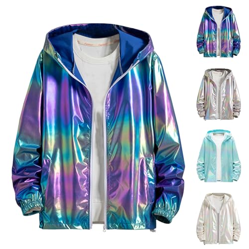 dsdgSae Jacke Herren Metallic Nightclub Jacke Rainbow Reflektierende Jacke Glänzend Party Dance Disco Jacken Sweatjacke Vintage Outfits Y2K Kostüm für Karneval Sommer Shirt
