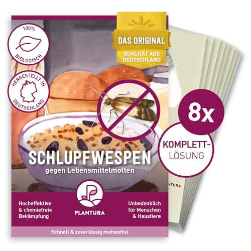 Plantura Schlupfwespen gegen Lebensmittelmotten, Komplett-Lösung mit 24 Karten (8 Karten à 3 Lieferungen) - hochwirksame & nachhaltige Bekämpfung, Alternative zu Mottenkugeln