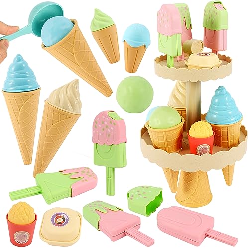 AOLEVA EIS Spielzeug für Kinder, Eisdiele Kinder Eiscreme Spielzeug mit Eisständer Kinderküche Kaufläden Zubehör Spielküche Rollenspiele Geschenk für Kinder ab 3 Jahren