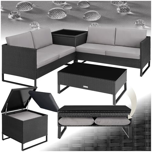tectake® Poly Rattan Lounge Sitzgruppe, Gartenmöbel Set mit Sofa, Tisch mit Glasplatte, Auflagenbox, Outdoor Kissen wetterfest, Möbel für Garten, Balkon, Terrasse oder Wintergarten - schwarz