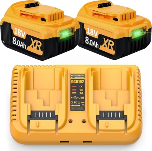 2X Li-Ion Ersatzakku für Dewalt 18V 8,0Ah/8000mAh 20V akku + Dual-Ladegerät 4A DCB182 DCB200 DCB184 DCB101 DCB107 DCB112 DCB105 DCB115 DCB203