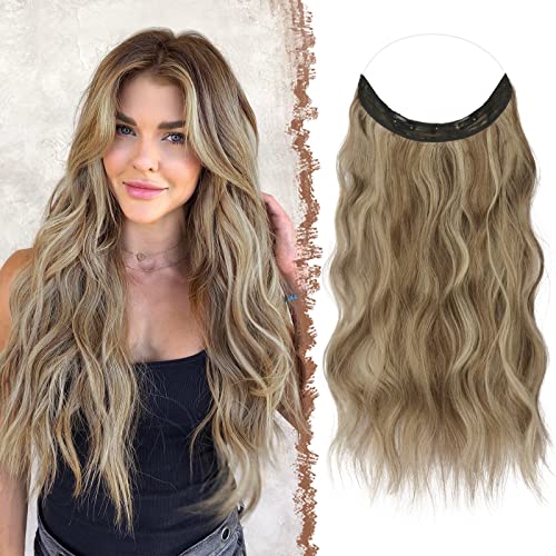 FESHFEN Secrets Haare Extensions Lange Gewellt Haarverlängerung Invisible Secret Haarextension Synthetik Hair Unsichtbarem Haarteile für Frauen Karamellbraun gemischt mit Aschblond 50 cm