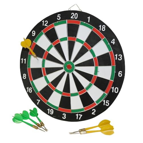 Idena 40375 - Dartscheibe zum Aufhängen, Dartboard mit 2 Seiten, Durchmesser 29 cm, inkl. 6 Dartpfeilen in Grün und Gelb sowie Spielanleitung