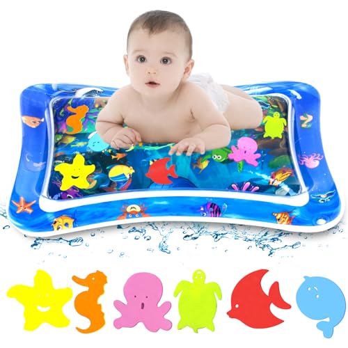 GROFIS Wassermatte Baby 66x50cm, BPA Frei PVC Babymatte Bauchlage Spielzeug Baby ab 3 6 9 Monate, Wasserspielmatte mit 6 Meereslebewesen Schwebend, Aqua Matte Tummy Time Toys für Baby und Katzen