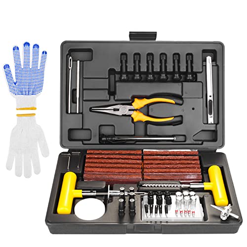 SHYOSUCCE Reifen Reparaturset, 100 TLG. Autoreifen mit Reifendruckmesser, Handschuhe und 35 Zubehör, Flickset für Autos, Fahrräder, Motorrad, Traktor, Lastwagen