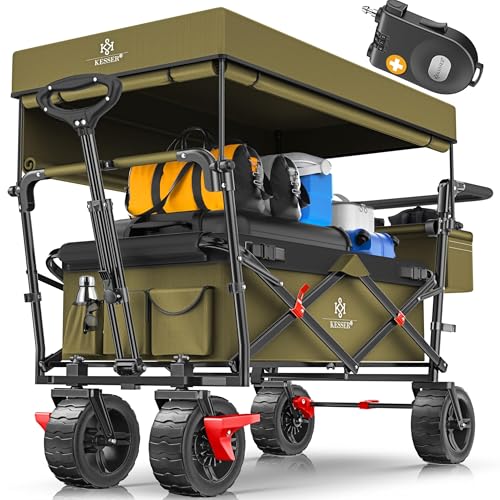 KESSER® Bollerwagen faltbar GT9000 Handwagen mit Dach | Transportwagen max. belastbar bis 150kg mit Hartgummi-Räder & Feststellbremsen (Vorne & Hinten) | Inkl. Schloss, Abdeckung, Wetter & Sichtschutz