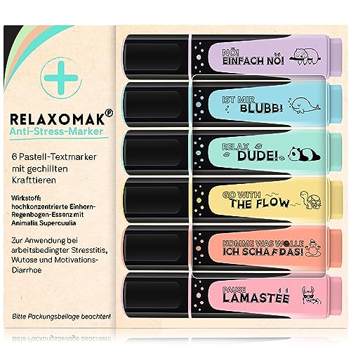 GLÜCKSGUT® 6x Textmarker Pastell | Geschenkbox & Anleitung | Scherz-Medikament | Anti Stress | Büro Schule Studium Uni | Abschiedsgeschenk für Kollegen Chef Lehrer