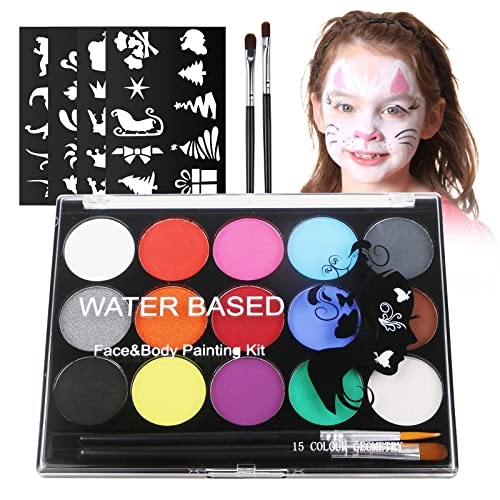 URAQT Kinderschminke Set, 15 Farben Schminkfarben Schminkpalette, Waschbar Face Paint Bodypaint Schminkset, Körperfarbe Kinder mit 2 Pinsel und 32 Tattoos für Halloween Karneval Make-up Fasching