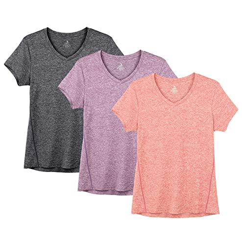 icyzone Damen Sport Fitness T-Shirt Kurzarm V-Ausschnitt Laufshirt Shortsleeve Yoga Top 3er Pack (M, Charcoal/Lavender/Peach)