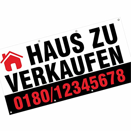 Banner Haus zu ver kaufen mit Ihrem Wunschdruck Text Telefonnummer 2x1m LKW Plane 510g