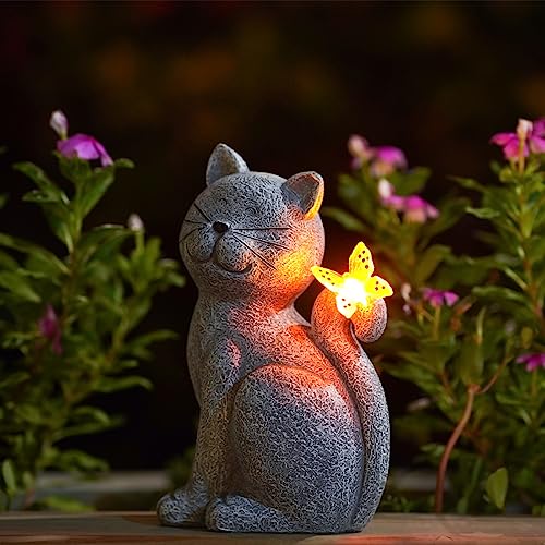 Yeomoo Katzen Figuren mit Solar Schmetterling Deko Wohnzimmer Gartendeko für draußen: Lustig katze Geschenk für Frauen Mama Geburtstagsgeschenk Gartenfiguren Wasserdicht Zimmer Garten Balkon Deko Grau