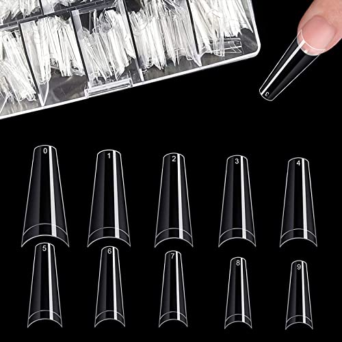 500 Stücke Acryl Künstlich Nagelspitzen Falsche Nagel, Natürliche Nageltips mit Klar Box, Transparent Kunst Gefälschte Nägel Tipps Fake Coffin Nail Tips für Damen