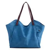 Losmile Damen Leinwand Handtasche Schultertasche Hobo Shopper Strandtasche Handgelenkstasche (Blau)