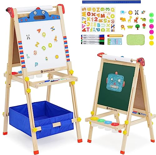 Kinder Spiel-Tafel aus Holz| 3-in-1-Kinderstaffelei,Höhenverstellbar mit Papierrolle, Kreidetafel, Whiteboard, Cartoon-Aufkleber und 4 Malschüsselchen Reichhaltiges Zubehör（Cartoon-Roboterform）