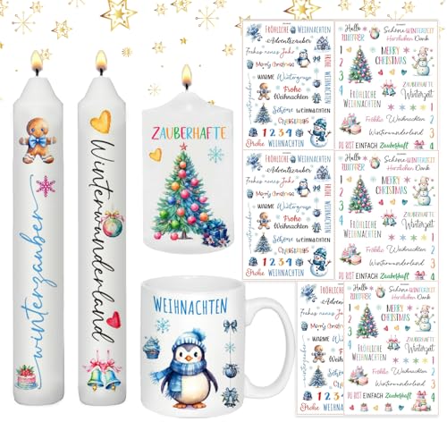 ROEOWENE 6 PCS Kerzentattoos Weihnachten,Wasserschiebefolie Kerzen Tattoos,Rub on Sticker Weihnachten Kerzenfolie DIY Kerzensticker für Keramik, Kerzenaufkleber für Kerzen Dekorieren Kerzentatoos,Blau