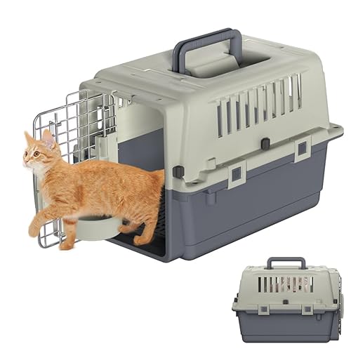 Aufun Hunde oder Katzen Transportbox mit Metall Türen, Tragetasche für Flugreisen, Starke Griffe und Sicherheitsriegel, Lüftungsgitter, Reisebox für Hunde, Hundetransportbox 60×39.5×44cm