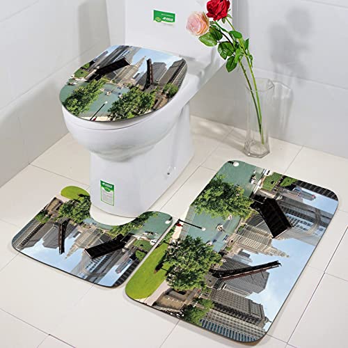 Rutschfeste Badematten 3 teiliges Set,USA, Downtown Chicago Illinois Finanzen Geschäftszentrum Lake Michigan Aven,Hohe Wasseraufnahme, weiche Mikrofaser, WC-Vorleger, WC-Sockelmatte, maschinenwaschbar