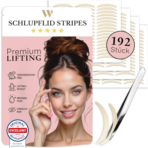 WOW STRIPES Schlupflider Augenlid Premium Stripes transparent (192 Stk) | Lifiting ohne OP, hautfreundlich, natürlich | Eyelid Tape Tapes Straps Strip als Lifting Set Augen-Lidstraffung Augenpads-M