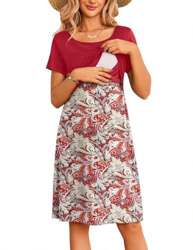 Ekouaer Stillkleider Damen Kurzarm Umstandskleid Sommer Umstandskleidung Stillkleidung für Schwangere, Weinrot, L