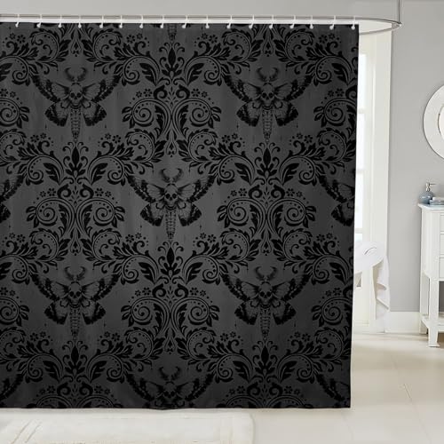 Loussiesd Gothic Duschvorhang 180x200cm Viktorianische Badezimmer Duschvorhang Textil Goth Vintage Floral Bad Vorhang Schwarz Mädchen Erwachsene Badezimmer Decor