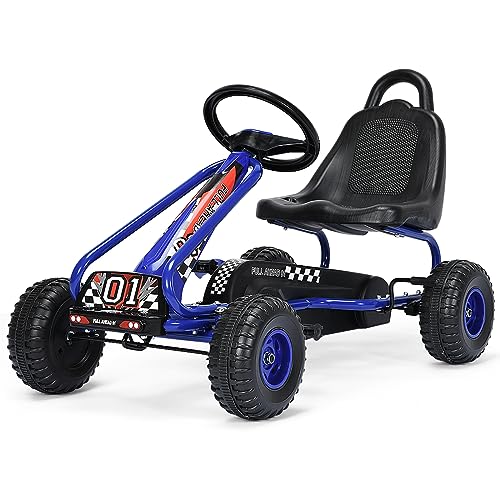 COSTWAY Gokart mit verstellbarem Sitz, Go Cart mit Handbremse, Tretauto bis 30 kg belastbar, Pedal Gokart, Tretfahrzeug, Pedalfahrzeug, Kinderfahrzeug für Kinder ab 3 Jahren (Blau)